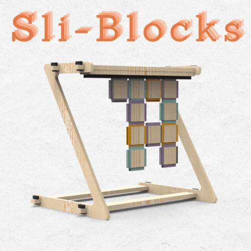 Slí-Blocks wooden block balancing toy inside a light wood frame with colorful hanging cubes, branding at top.