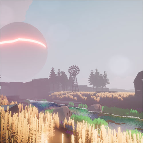 Pastel rural landscape with a large pink sun/planet on the horizon, windmill, trees, and a meandering stream through tall grasses