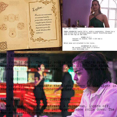 Collage of three scenes: an open old book with ornate text on left, a woman in a green dress in a purple room on top right, and a man in a white shirt in a neon-lit club with red/green glitchy on-screen text on bottom.