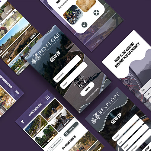 Mockup collage of the REXPLORE cycling app screens, featuring a sign-up form, route cards, and biking imagery on a purple background.