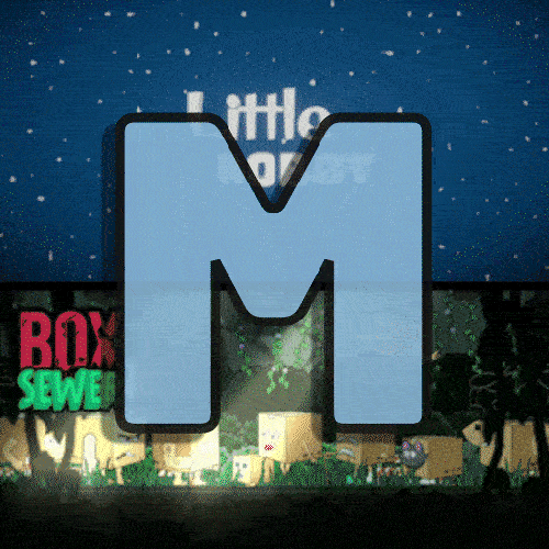 Large blue letter M with a thick black border, centered in front of a pixel-art game scene with graffiti-style elements in the background.