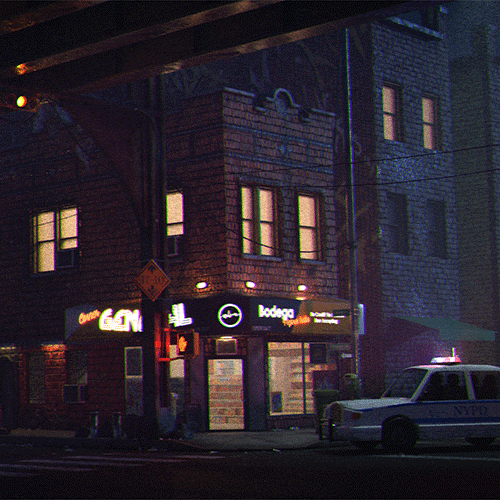 Nighttime street scene with a brick building housing a bar called Bodega; neon signs glow and an NYPD patrol car is parked in front.