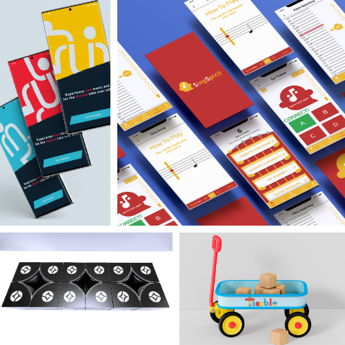 Collage of bright mobile app screens with toy items: overlapping UI panels center, blocks and a wagon on the bottom.