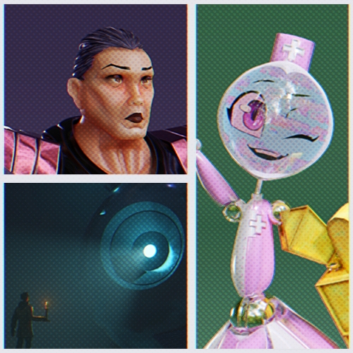 Three-panel collage: a stern woman fighter, a torchbearer before a glowing portal, and a pink smiling wind-up toy robot.