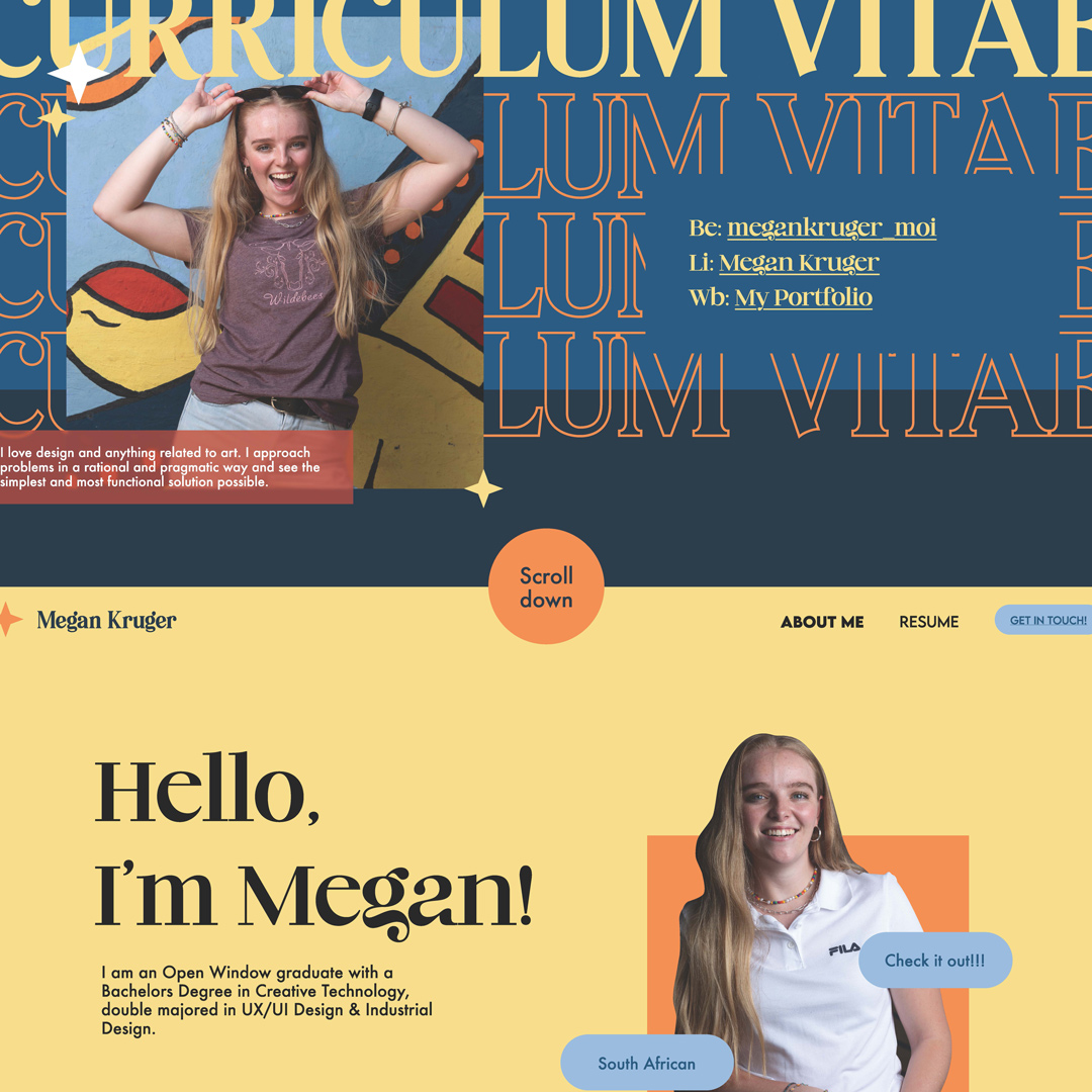 Portfolio homepage hero: woman posing in front of a mural with bold 'CURRICULUM VITAE' text and blue-yellow color scheme; navigation hints and portfolio links visible.