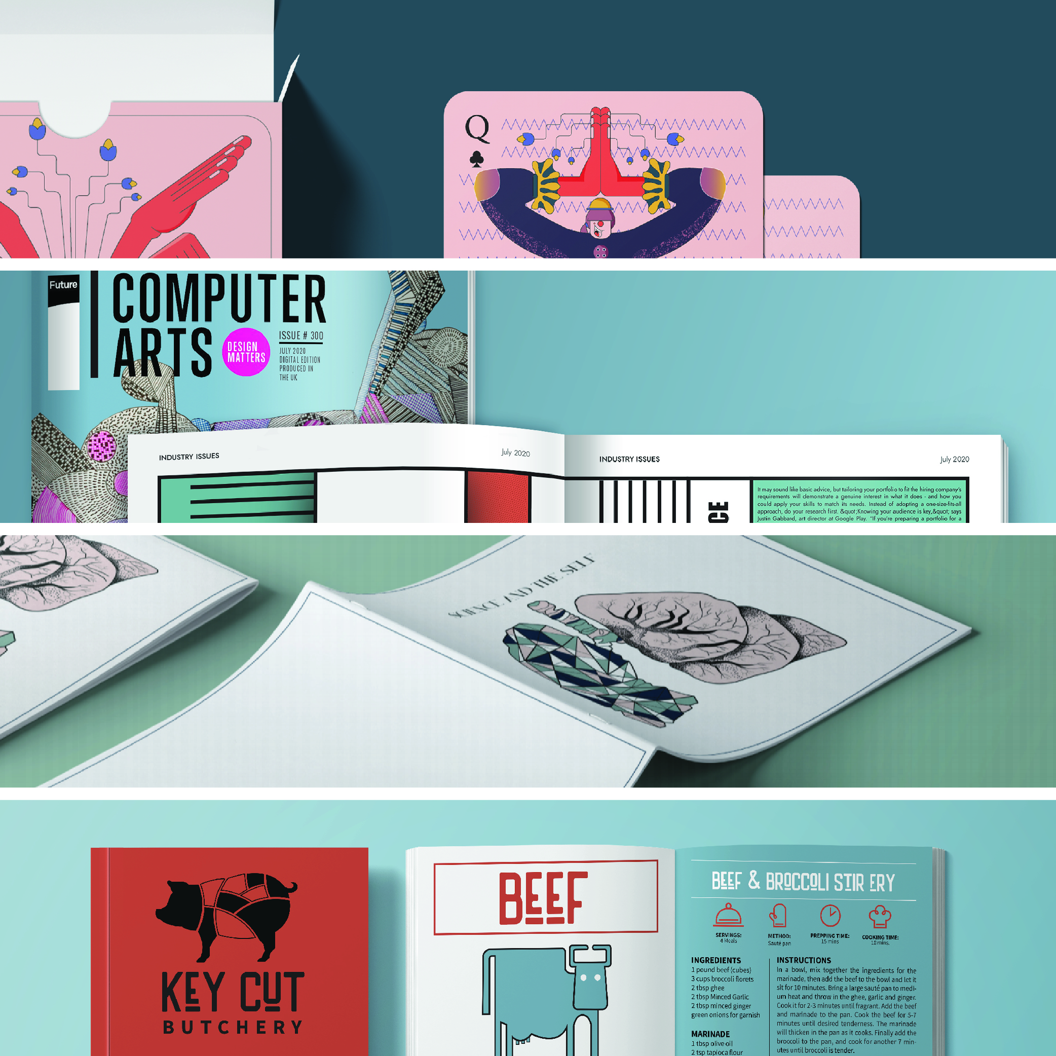 Collage of colorful magazine and cookbook covers, including 'Computer Arts', a red 'Key Cut Butchery' cover, and a turquoise 'Beef' recipe cover.