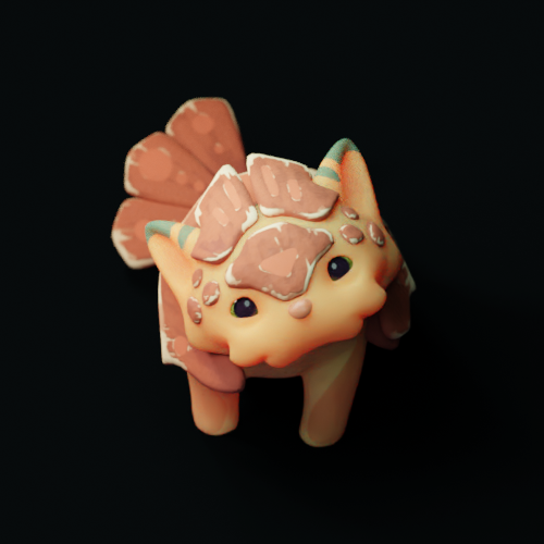 Small orange fantasy pony with a cookie-like shell on its back, black eyes, against a dark background.