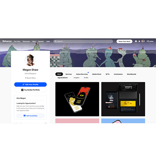 Screenshot of Megan Shaw's Behance profile page: left profile panel with avatar and Edit Your Profile button, right a grid of project thumbnails under a decorative header image.