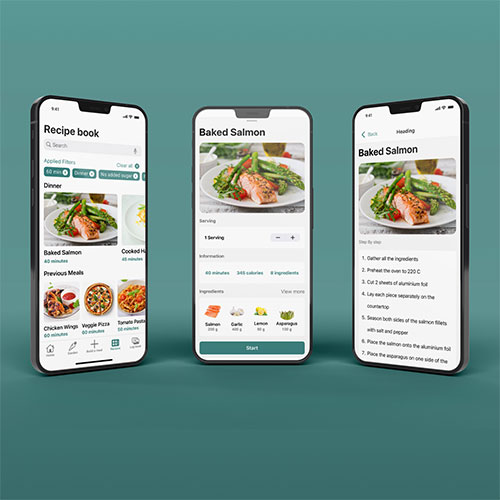 Three smartphones display a recipe app with Baked Salmon: left shows a recipe list, middle shows the plated dish and ingredients, right shows step-by-step instructions.