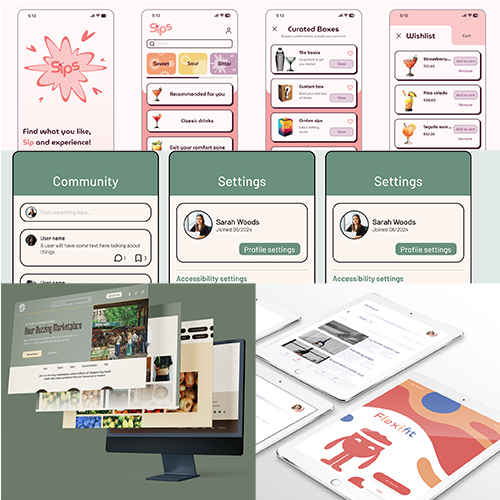 Collage of mobile app UI screens, including onboarding, settings, and wishlist, plus device mockups.
