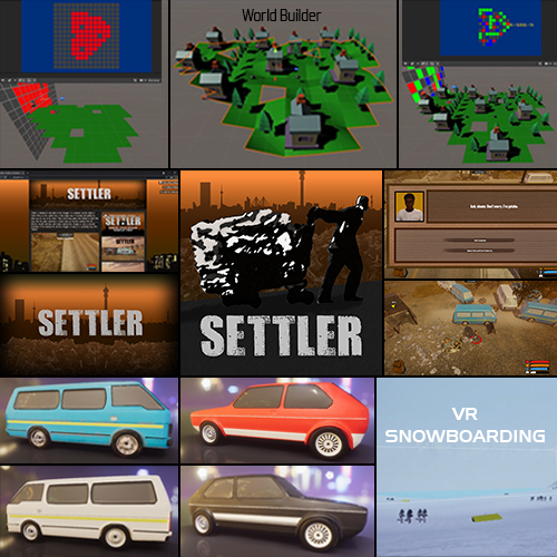 Collage of game thumbnails showing city-building and settlement scenes, with multiple 'Settler' title images and vehicle clips.