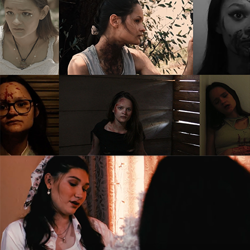Collage showing a distressed woman in a horror film across six frames, with injuries and tense expressions in various scenes.