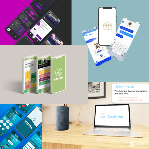 Collage of multiple smartphone screens showing various app interfaces and UI designs on colorful backgrounds, suggesting mobile app design concepts.