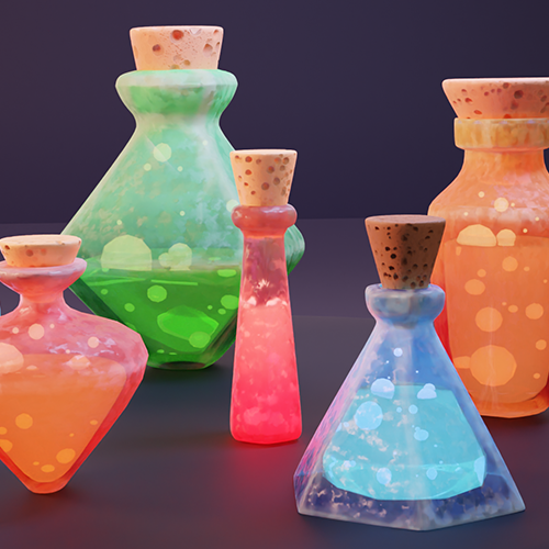 Colorful glass flasks with cork stoppers filled with glowing liquids on a dark lab table.