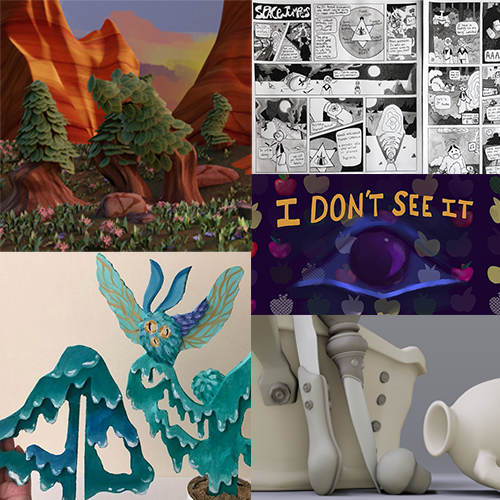 Collage: canyon landscape, black-and-white comics, 'I DON’T SEE IT' eye graphic, turquoise winged sculpture, and bone joint model.