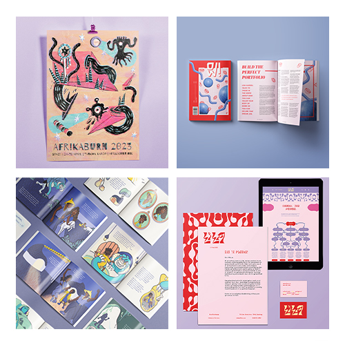 Collage of four design pieces: a colorful illustrated poster, an open book spread, a grid of illustrated pages, and a tablet with pink layouts on pastel backgrounds.
