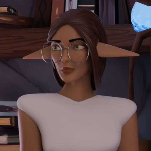 3D-rendered elf woman with green eyes and round glasses, wearing a white top, looking to the side in a cozy room with bookshelves and a blue gem in view.