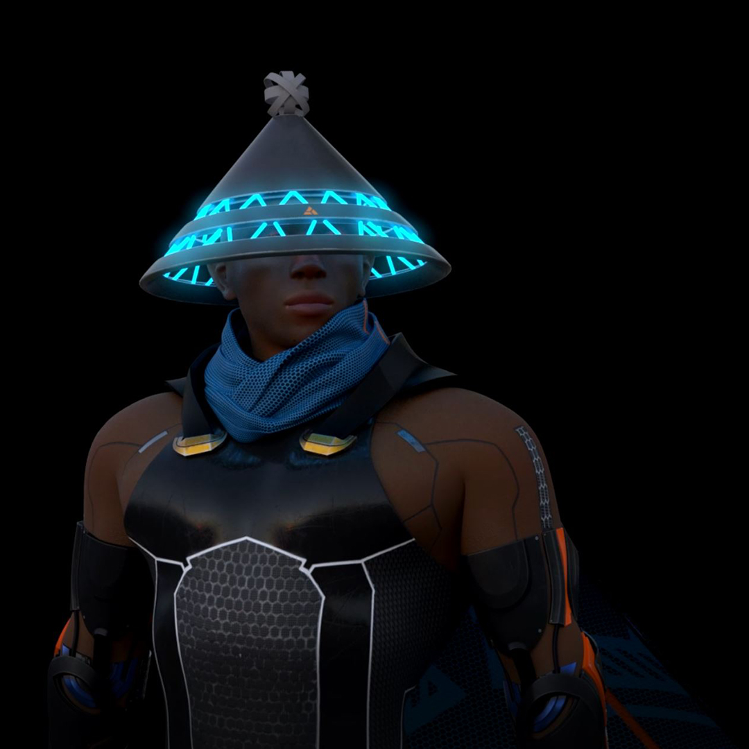 Futuristic warrior wearing a glowing blue ringed conical hat and metallic armor against a dark background.