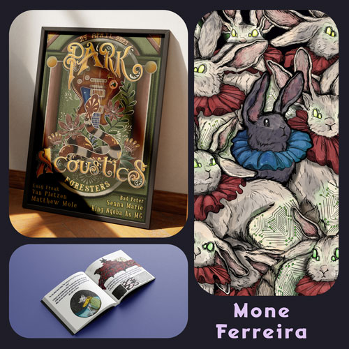 Collage showing a framed vintage Dark Castle poster, an open book on a purple surface, and a rabbit-patterned background with the name 'Mone Ferreira'.