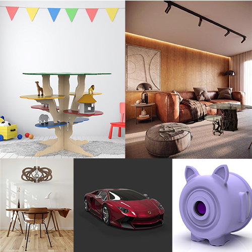 Colorful cat tree with toys and bunting in a bright playroom area in the left panel of the collage.