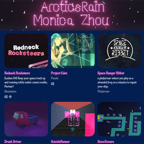 Neon banner header above a dark blue game gallery showing six game cards with thumbnails and short blurbs: Redneck Rocketteers, Project Eden, Space Ranger Ribbet, Drunk Driver, SuicideRunner, and SnowTowers, each card displaying a thumbnail, title, and brief description.