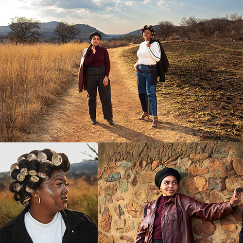Three people outdoors: two women walk along a dirt path in a dry, grassy field, with hills in the distance; a collage shows a woman with curlers in her hair and a woman posed by a stone wall.