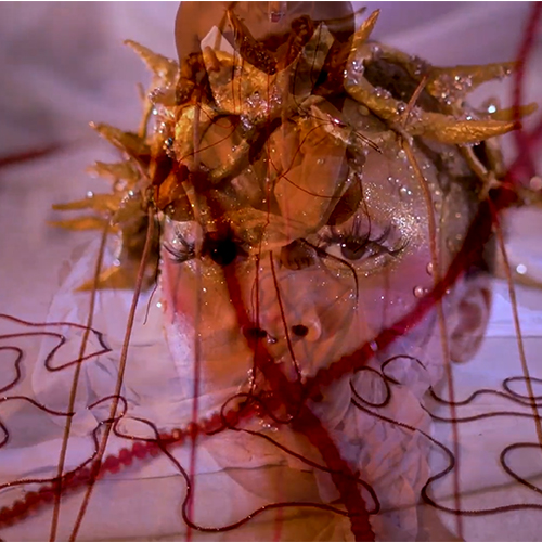 Abstract portrait: a woman's face layered with red thread and gold leaves for a surreal, tangled composition.