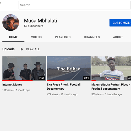 YouTube channel header for Musa, showing profile picture, navigation tabs, and three Uploads thumbnails.