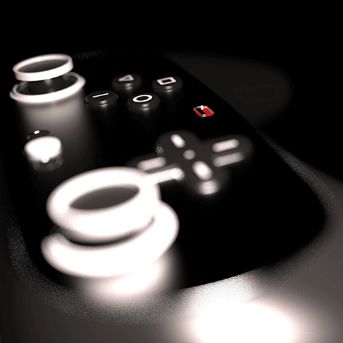 Close-up of a black TV remote with a white circular navigation pad and scattered buttons on a dark surface.