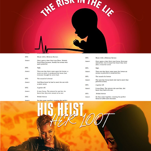 Two-part poster: a dark silhouetted figure praying against a red glow with the title 'The Risk in the Lie', plus an orange-toned action scene for 'His Heist, Her Loot'.