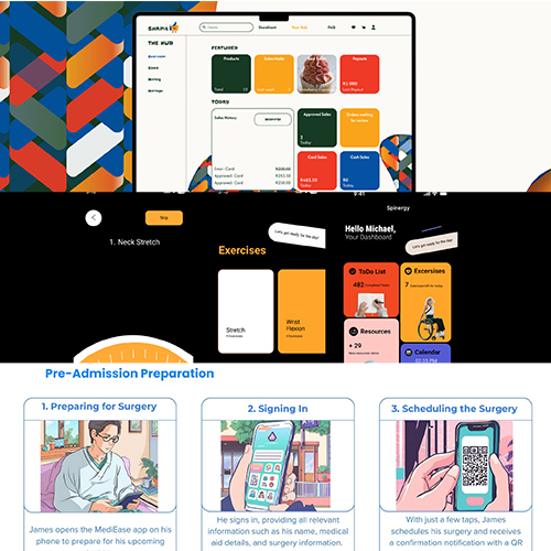 Composite showing a medical portal UI with a laptop dashboard, an exercises section with color-coded cards, and a three-step pre-admission prep guide against a colorful backdrop.