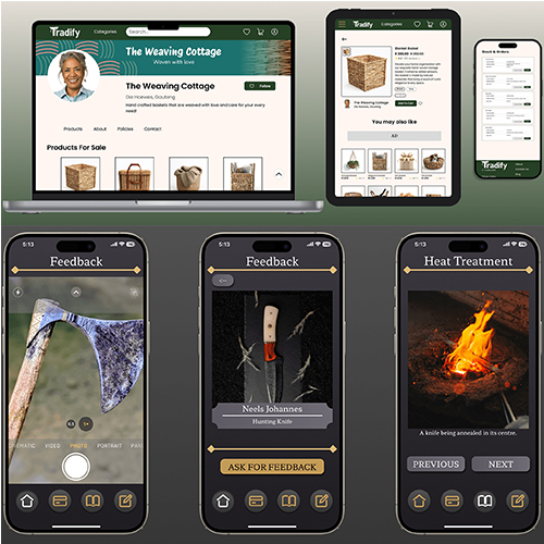 Collage of laptop, tablet, and phones showing the Tradify app with The Weaving Cottage storefront and product cards.