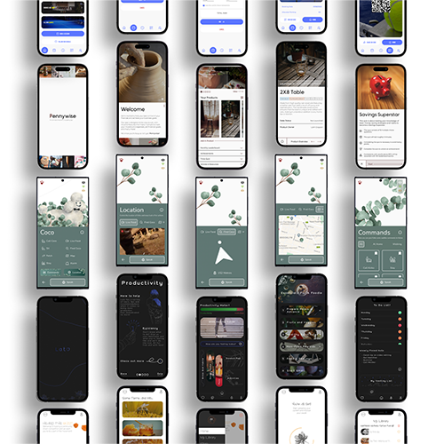 Collage of multiple smartphone screens displaying various app interfaces and UI designs in portrait orientation.
