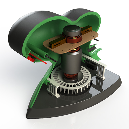 Cross-sectional view of a small electric device with motor, gears, and circuit board inside a green housing.