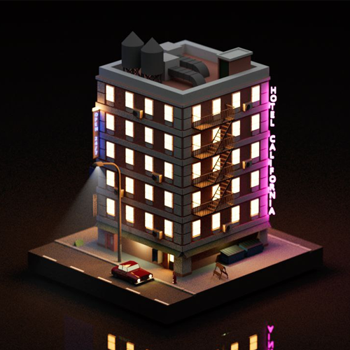 Isometric nighttime model of a four-story hotel with neon 'Hotel California' sign, lit windows, and a red car parked on the street.