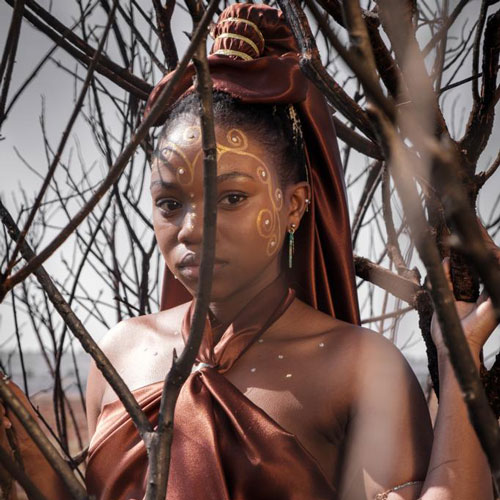 Portrait of a young woman with gold swirl face paint, wearing a reddish-brown satin dress and headwrap, among bare branches.