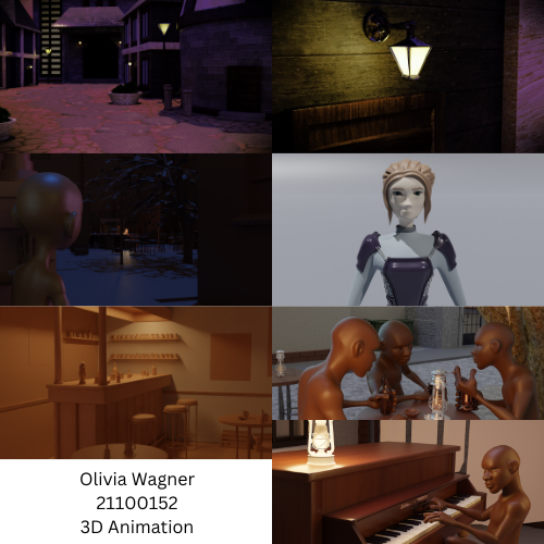 Collage of six 3D scenes: nighttime street lamps, a dimly lit alley, a robotic character, a piano moment, a group at a table, plus a text card with 'Olivia Wagner 21100152 3D Animation'.