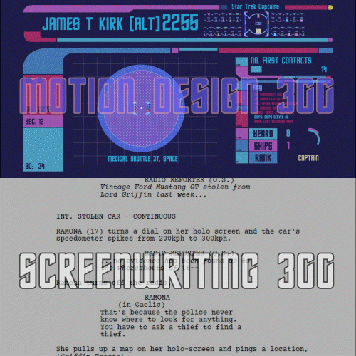 Retro sci-fi computer interface with neon typography 'MOTION DESIGN 300' and 'SCREENWRITING 300', panels, and a central radar circle.