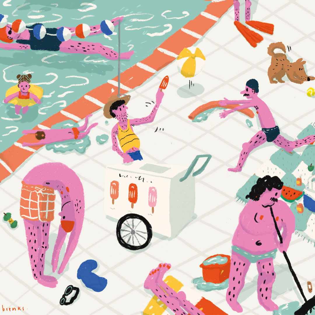 Poolside scene with people swimming, sunbathing, and a vendor cart selling popsicles by the tiled deck.