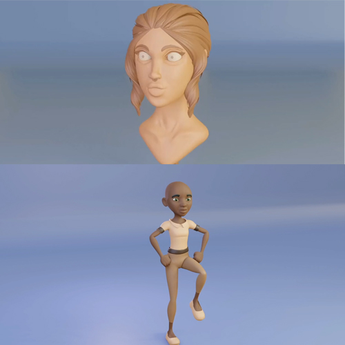Two 3D character models against a blue gradient background: a bust of a woman above and a bald, athletic kid-like figure posing with hands on hips below.