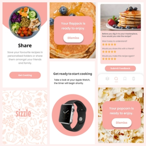 Collage of pastel pink onboarding screens for a recipe app: share, get cooking, dismiss prompts, and readiness messages.