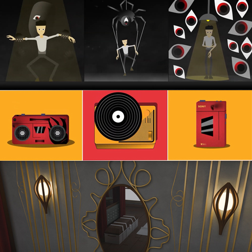 Three-panel collage: surreal top row with odd humanoid figures and eye motifs, middle row featuring vintage music gear (boombox, turntable, cassette player), bottom row an ornate doorway with lamps.