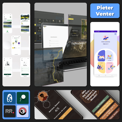 Collage of app UI screenshots on smartphones and a laptop, with a blue badge labeled Pieter Venter in the corner.
