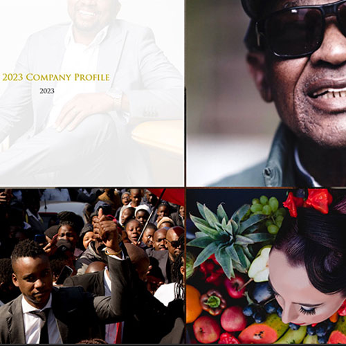 Collage for a 2023 company profile: top-left shows a man in a suit with '2023 Company Profile' text; other panels show a man in sunglasses, a cheering crowd, and a woman among fruits.