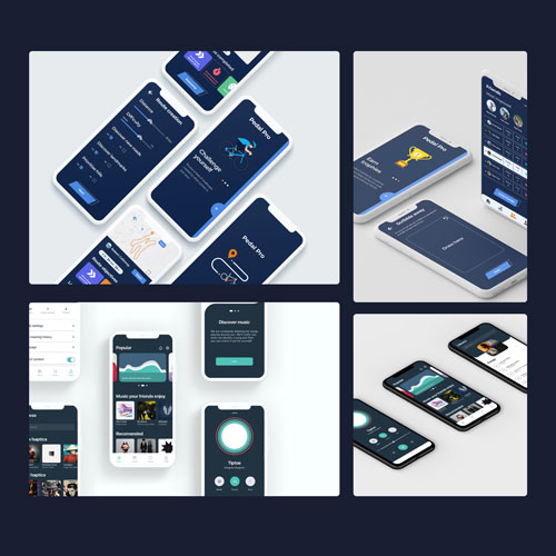Collage of four panels featuring dark-themed mobile app screens on angled smartphones on a light background.