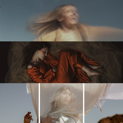 Triptych collage: top—wind-swept smiling woman; middle—woman in an orange dress reclining; bottom—figure behind flowing sheer fabric.