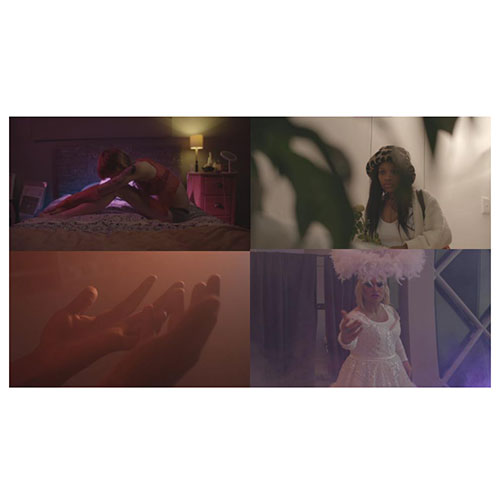 Four-panel collage: person stretching on a bed; woman in a hat; cupped hands in shadow; performer in a white dress with feathers.