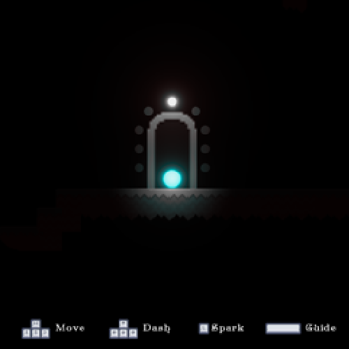 Dim game scene: a glowing teal orb before a white arched doorway with circular lights, set in darkness; control hints read Move, Dash, Spark, Glide at the bottom.