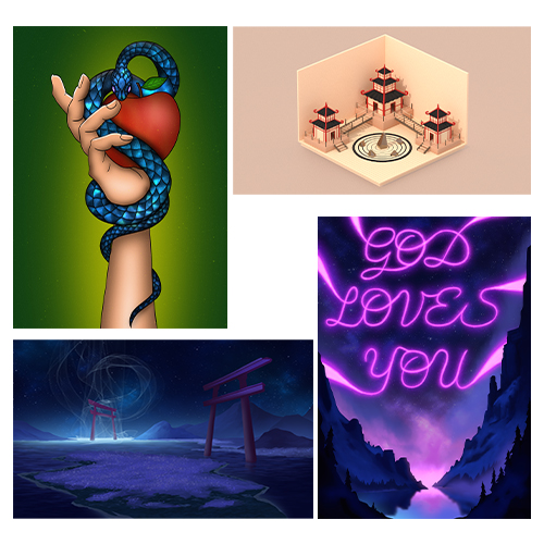Collage of four images: a hand gripping a red heart with a blue snake entwined around it; a hexagonal diorama with pagoda-style buildings; a snowy landscape with torii gates and mist; and neon pink 'God loves you' text against a purple night sky.