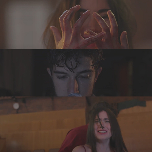 Triptych montage conveying emotion: top shows tense hands, middle a somber man, bottom a smiling woman against a brick wall.